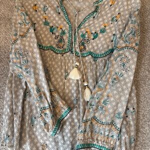 Lucky Brand Green and Yellow Embellished Mandarin Collar Blouse